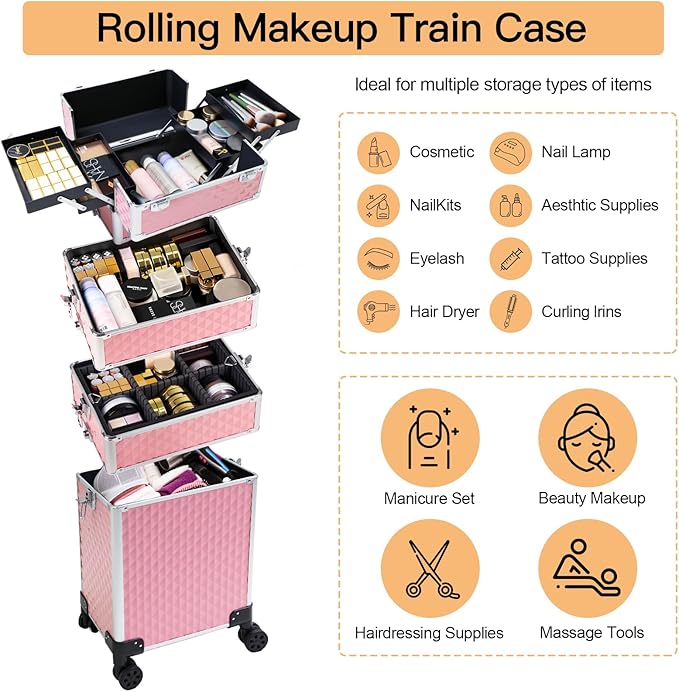 Professional Rolling Makeup Case, Cosmetology Case on Wheels 4 in 1 Large Cosmetic Train Case, Ideal Gift for Hairstylist, Nail Techs, Portable Beauty Organizer for Travel or Salon Use,pink