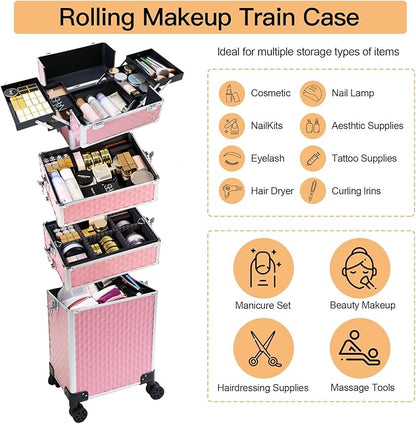 Professional Rolling Makeup Case, Cosmetology Case on Wheels 4 in 1 Large Cosmetic Train Case, Ideal Gift for Hairstylist, Nail Techs, Portable Beauty Organizer for Travel or Salon Use,pink
