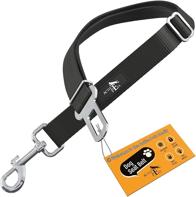Active Pets Black Car Seat Belt for Dogs, Attaches to Harness & Collar, Adjustable 18" - 24" Travel Restraint System Fits Small - Large Pups for Safety & Comfort, Essential Pet Supplies & Accessories