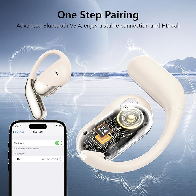 Open Ear Clip Wireless Earbuds Bone Conduction Headphones, Bluetooth 5.4, Open Ear Design, Built-in Mic, IPX7 Waterproof, LED Display Charging Case,Ear Hooks Ear Buds for Fitness/Travel/Gym/Running
