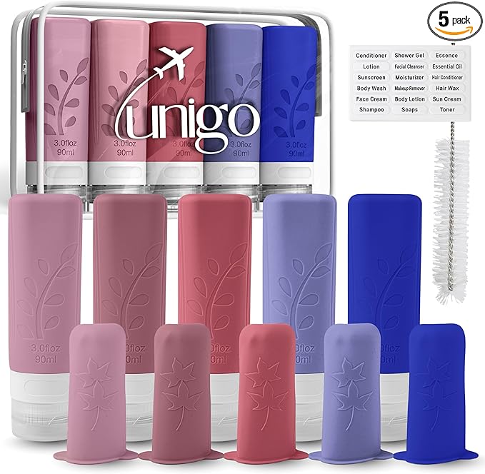 unigo Travel Bottles For Toiletries, 5-pack 3.oz TSA Aprroved Travel Size Bottles, Containers For Toiletries, BPA Free, Leak Prrof, Refillable Containers Bottles (Purple)