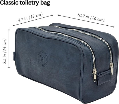 Dopp Gift Large Travel Toiletry Bag Premium Quality PU Leather Two compartments YKK Zippers Water-resistant Bottom Studs Mesh Pockets Durable Cosmetic Organizer NAVY BLUE