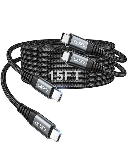 Extra Long USB C to USB C Cable 100W [15ft/2 Pack] Charger Cable Fast Charging Compatible with iPhone 17/17 Pro Max, iPhone 16 Series, iPhone 15 Series, Galaxy S24/S23/S22, Car Play, MacBook, iPad