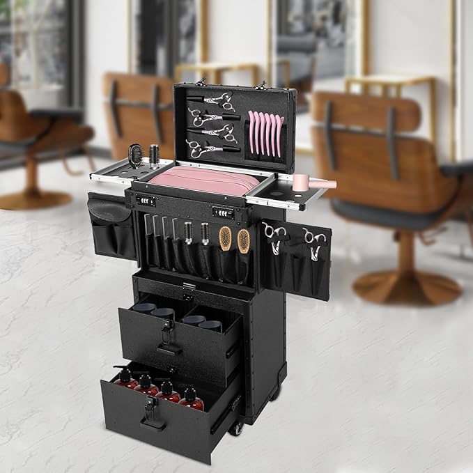 Beauty Rolling Makeup Train Case, Professional Lockable Rolling Salon Luggage, Retro-Rolling Cart Storage Organizer Trolley Make Up Case, 4 Universal Wheels, Retractable Rod, Buckle (All Black1)