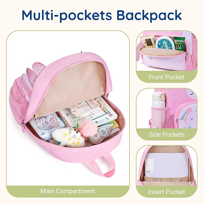 mommore Kids Backpack Preschool Kindergarten Backpack for Girls 4-6 Pink Unicorn Girl Bookbag 15” for Elementary School