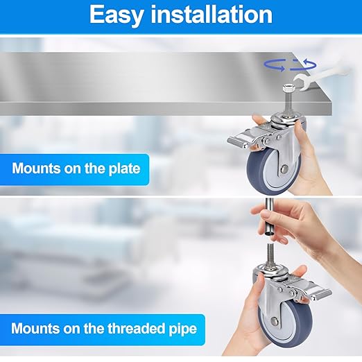 4 inch Stainless Steel Caster Wheels Heavy Duty, 1/2"-13x1-1/2 Threaded Stem Casters with Brake, Rust Resistant, Non-Marking TPR Rubber Wheels for Hospital, Lab,Furniture,Restaurant