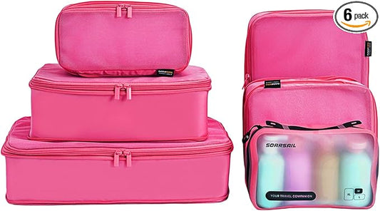 Compression Packing Cubes for Travel, 6-Piece Set (L/M/S), Double-Zip Luggage Organizers with Mesh Panels, Space-Saving Clothes Storage Bags for Suitcase & Carry-On (6 Pack, Rose Red)