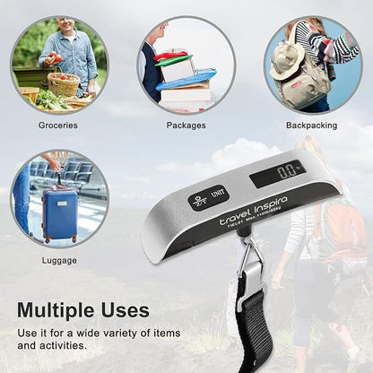 travel inspira Luggage Scale, Portable Digital Hanging Baggage Scale for Travel, Suitcase Weight Scale with Rubber Paint, 110 Pounds, Battery Included, Sliver, 2 Pcs