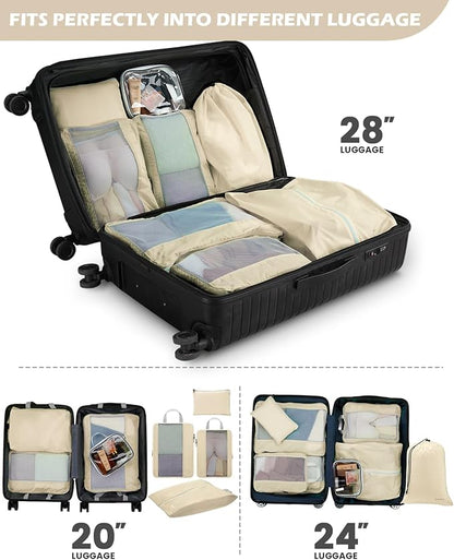 Gonex 8 Set Expandable Mesh Packing Cubes for Travel Essentials, Compression Organizer with Toiletry, Laundry, Shoe, Cable Bags - Beige