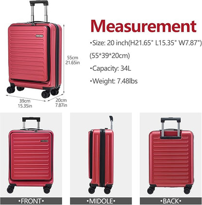 TydeCkare 20 Inch Carry On Luggage with Front Pocket, 21.65 * 15.35 * 7.87" Suitable for Airplane Overhead Bin, 34L PC+ABS Hardshell, Wine Red