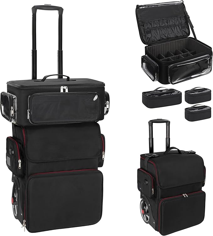 OCHEAL Rolling Makeup Train Case,with 7 Pcs Clear Makeup Bags, 18" Carry On Travel Cosmetic Organizer Suitcase,Extra Large Storage Trolley Makeup Case On Wheels for Hairstylist Cosmetology Artist