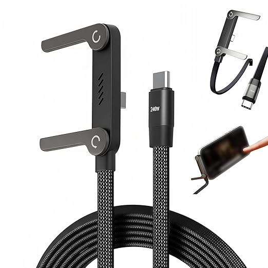 Sideways Phone Charger,240W Braided Fast Charge Cable with Built-in Phone Stand,2026 New 2-in-1 Invisible Holder Charger Cable,Sideways Charging Cable for Gaming, Office, Car Travel (1PCS)