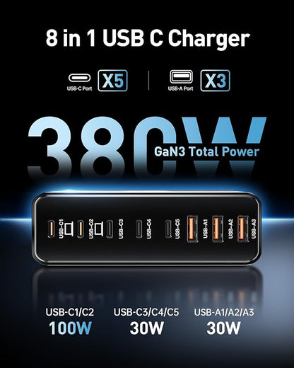 280W USB C Charger Block, 8-Port USB Charging Station GaN III PD 65W Laptop Charger Adapter (Bright Black)