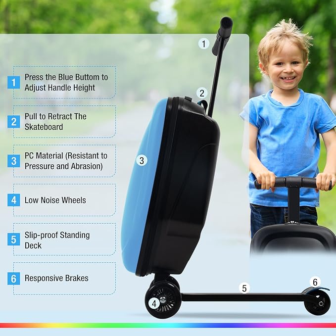 Apelila 20" Scooter Suitcase for Kids, 2-in-1 Ride On Luggage with Wheels for Boys & Girls Ages 4-15, Foldable Hardshell Carry On Lightweight Travel Suitcase for Airplane (Light Blue W/LED)