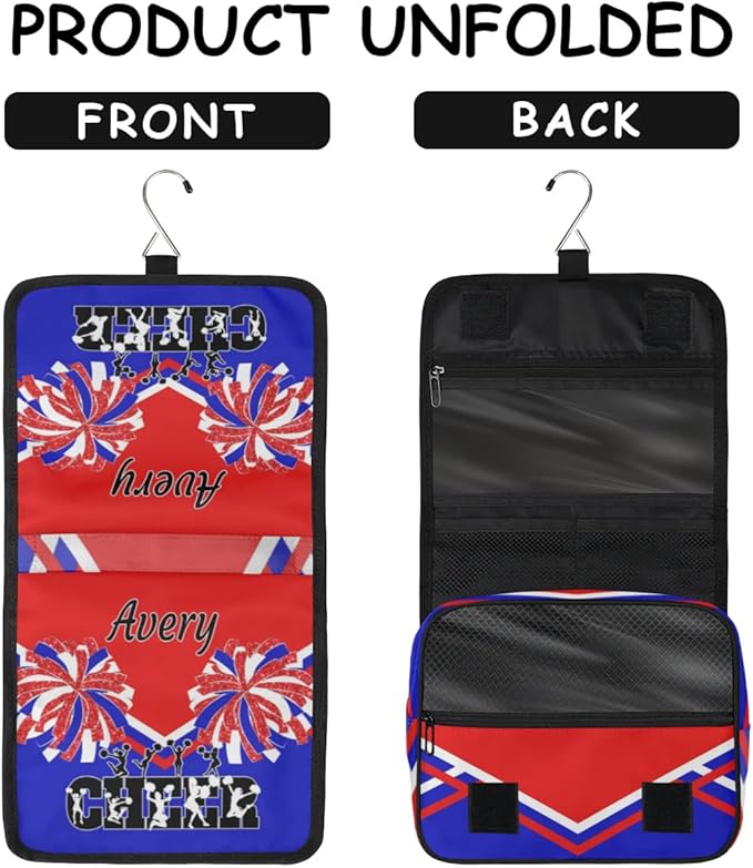 Custom Name Toiletry Bag Travel Bag with Hanging Hook, Makeup Cosmetic Bag Travel Full Sized Container Organizer for Shampoo, Toiletries. Red Royal Blue Black Cheerleader Silhouette
