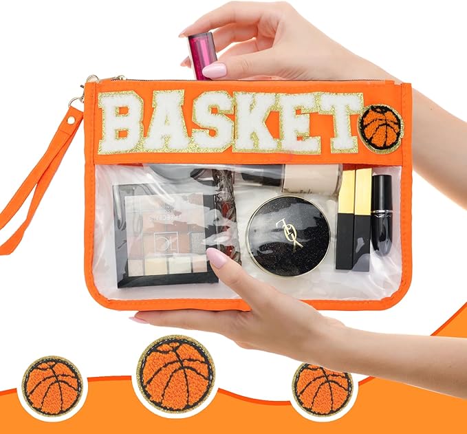 2 Pcs Basketball Gifts Makeup Bag with Chenille Letter Patch,with Handles PVC Waterproof Clear Makeup Bag,Portable Toiletry Storage Bag,Players & Fans Birthday, Team or Sports Lover Presents