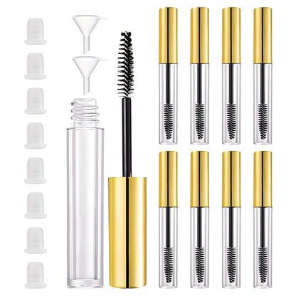 8 Pack Empty Mascara Tube 10ml Refillable Bottles with Brush Wand&Funnels,Leakproof Travel Containers for Lash & Brow Serum,Portable for Makeup Artists or Beginners(Gold)