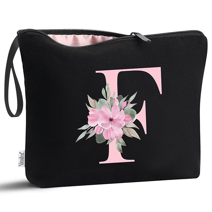 Vavabox A-Z Personalized Makeup Bag, Birthday Gifts for Women Mom, Gifts for Best Friend, Bride Bridesmaid Cosmetic bag (F, Black)