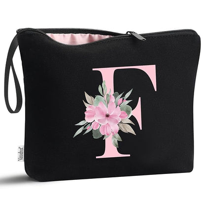 Vavabox A-Z Personalized Makeup Bag, Birthday Gifts for Women Mom, Gifts for Best Friend, Bride Bridesmaid Cosmetic bag (F, Black)