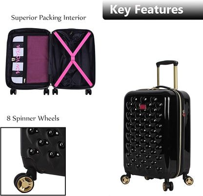 Betsey Johnson Designer 20 Inch Carry On - Expandable (ABS + PC) Hardside Luggage - Lightweight Durable Suitcase With 8-Rolling Spinner Wheels for Women (Heart to Heart Black)