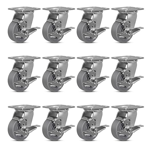 4 Inch Rubber Wheels (Flat Tread)- Heavy Duty Casters, Industrial Caster Wheels- with up to 700 LB Capacity- Use for Dollies, Utility and Maintenance Carts(12 Brake)