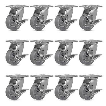 4 Inch Rubber Wheels (Flat Tread)- Heavy Duty Casters, Industrial Caster Wheels- with up to 700 LB Capacity- Use for Dollies, Utility and Maintenance Carts(12 Brake)