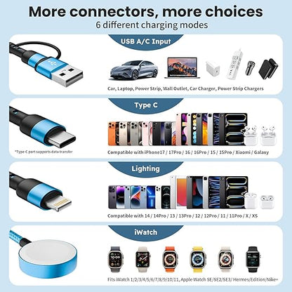 Stocking Stuffers, 3 in 2 USB A/C Cable to iPhone 17 Charger/Apple Watch Charger/Lightning, Braided Multi Charging Cable Cord, RV Camping Essentials, Designed for iWatch Series & iPhone17-11/iPad-5FT