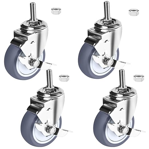 4 inch Stainless Steel Caster Wheels Heavy Duty, 3/8"-16x1 Threaded Stem Casters with Side Brake, Rust Resistant, Non-Marking TPR Rubber Wheels for Hospital, Lab,Furniture,Restaurant