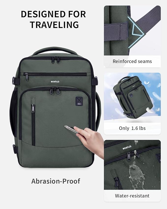 ECOHUB 17" Small Travel Backpack, United Airlines Personal Item Bag 17x10x9 with 16 Pockets, Water Resistant Rucksacks Fit 15.6" Laptop, AirTag Pocket, Lightweight Casual Daypack, 25L, Green