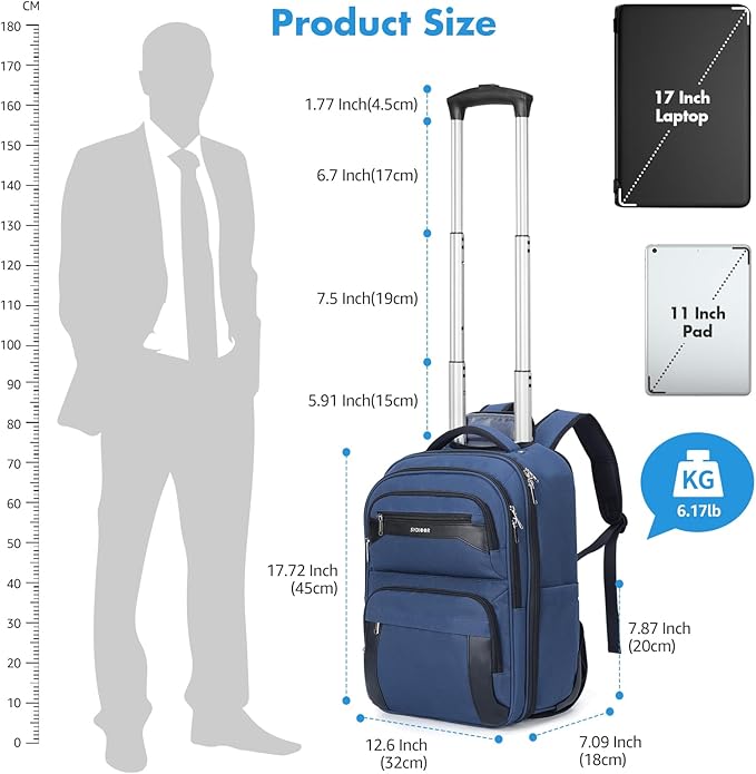 17.7inch Rolling Backpack With Wheels for Adults, Roller Carry On Luggage Wheeled Backpack, Rolling Laptop Backpack for Men Women to Travel Business, Blue