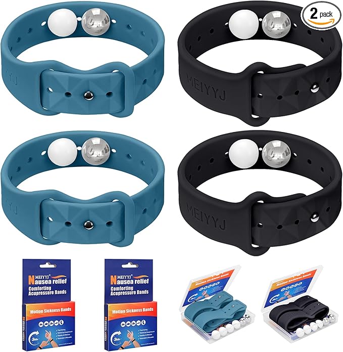 Motion Sickness Bands for Adults and Kids Sea Wristbands for Cruise Travel Wristband, Natural Relief Wristbands，Sea Bands for Pregnancy Women(1Pair Black+1Pair Blue)
