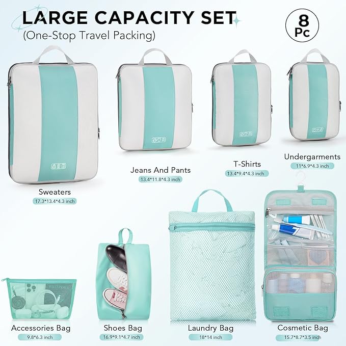 8 Set Compression Packing Cubes for Travel Essentials,Compressible Expandable Packing Cubes for Suitcase,OlarHike Luggage Organizer Bags for Travel,Handy Helper for Organizing Clothes(Cyan)