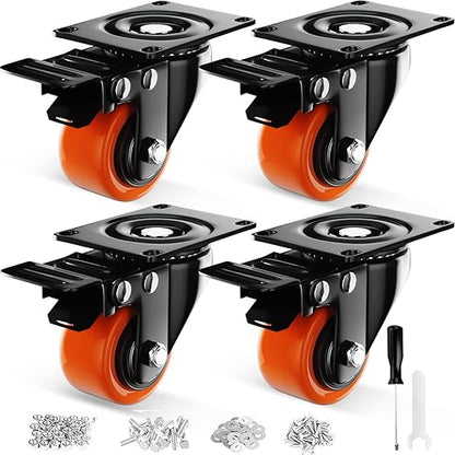 2 Inch Caster Wheels, Casters Set of 4, Heavy Duty Casters with Brake, Locking Industrial Swivel Top Plate Casters Wheels for Furniture and Workbench Cart(Two Hardware Kits Include)