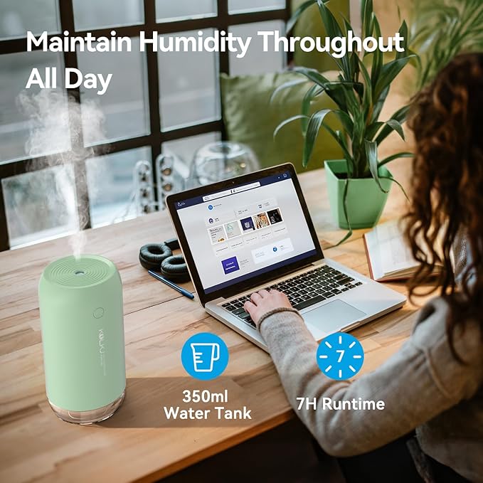 Portable Mini Humidifier, KQLKJ 350ml Small Cool Mist Humidifier, USB Personal Desktop Humidifiers for Bedroom Car Office Travel with Auto Shut-Off & 2 Mist Modes (Green)