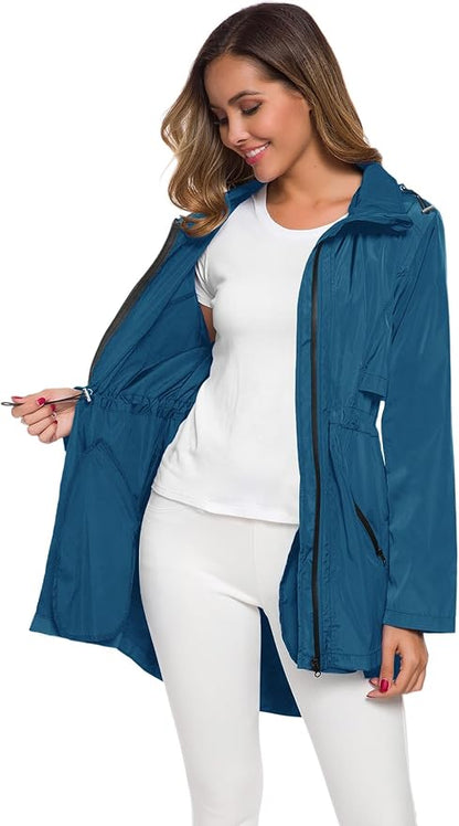 Avoogue Women's Long Raincoat with Hood Outdoor Lightweight Windbreaker Rain Jacket Waterproof