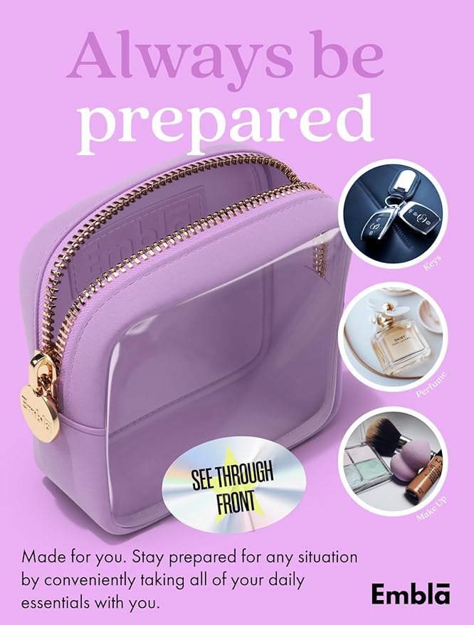 Embla London Makeup Bag Cosmetic Case, Clear Zipper Make Up Pouch and Toiletry Travel Tote, Cute Skincare Pouches for Women Girls, Preppy Purse Cosmetic Organizer, Mini Makeup Bags, Grape