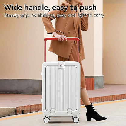 SOKOK Front Pocket Luggage Carry On with Spinner Wheels, Wide Handle Travel Suitcase PC Hardshell Durable Rolling Luggage for Business Trip with Charging Port and Cup Holder, White