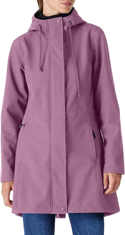 Outdoor Ventures Women's Lightweight Waterproof Fleece Lined Hooded Softshell Rain Jacket, Warm Windbreaker Long Coat