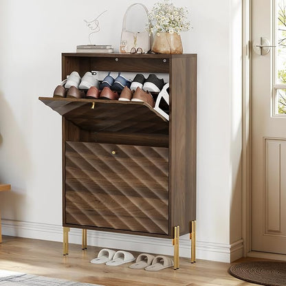 Spaco Walnut Shoe Cabinet for Entryway,Narrow Shoe Storage Cabinet with 2 Flip Drawers,Slim Shoe Rack Organizer for Hallway
