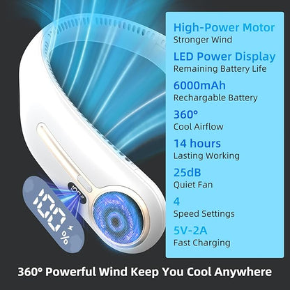 Portable Neck Fan,Hands Free Personal Wearable Bladeless Fan,6000mAh USB Rechargeable,360° Cooling,LED Display,4-Speeds,Birthday Gifts for Men Women Dad Mom,Stocking Stuffers Christmas Gifts (White)