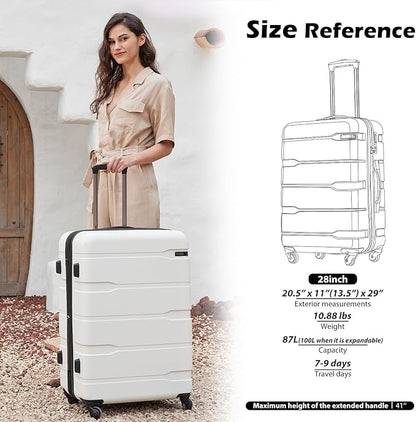 Coolife Luggage PC+ABS Expandable Hardshell Suitcase with TSA Lock, Spinner Checked Lightweight (White, 28in)
