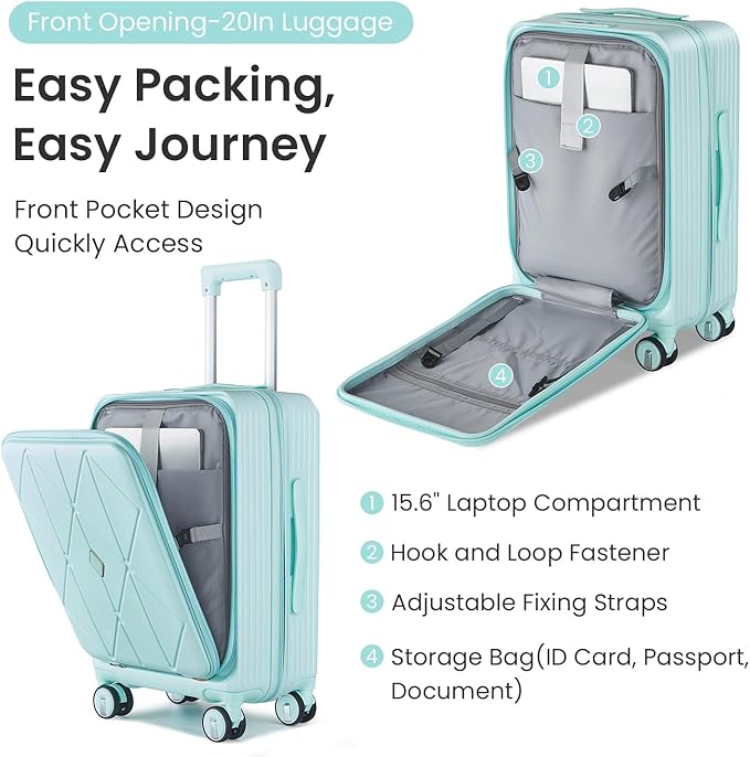 Merax 100% PC Hard Shell Luggage Set, 3 Piece Lightweight TSA Lock Spinner Suitcase with Front Pocket, Airline Approved, Mint Green, 20/24/28 Inch