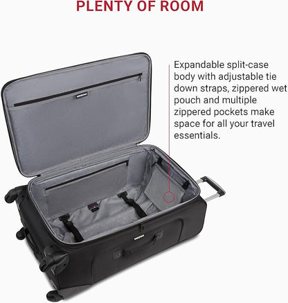 SwissGear Sion Softside Expandable Luggage – Large Checked Suitcase with 360 Degree Wheels & Retractable Handle – 29 Inch, Perfect for 7-9 Night Trips – Black