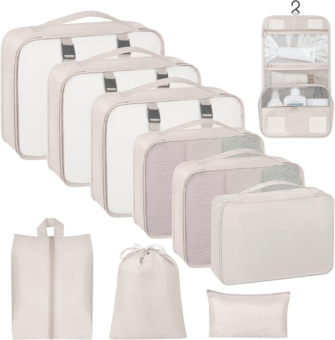 10 Set Packing Cubes for Travel, Travel Organizer with Hanging Toiletry Bag and Shoe Bag, Luggage Organizer Bags for Travel Essentials Women Men