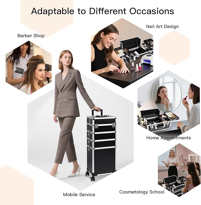 Professional Rolling Makeup Case, Cosmetology Case on Wheels 4 in 1 Large Cosmetic Train Case, Ideal Gift for Hairstylist, Nail Techs, Portable Beauty Organizer for Travel or Salon Use,Black Silver