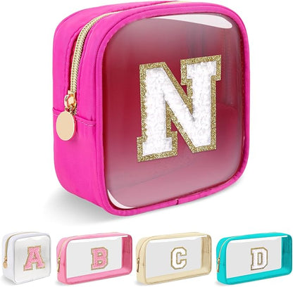 Mini Clear Personalized Initial Makeup Bag,Nylon Preppy A-Z Chenille Letter Patch Zipper Cosmetic Bag, Small Cute Beach Pouch Travel Purse Sanitary Napkin Storage Bag for Women Girls(Hot Pink-White N)