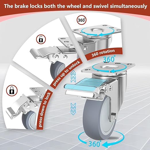 4 Inch Stainless Steel Caster Wheels with Brake, Heavy Duty 304 Casters Set of 4, Non-Marking TPR Quiet Wheels, 2300 lbs, Swivel for Furniture, Labs, Kitchens,Industrial with Hardware Kits