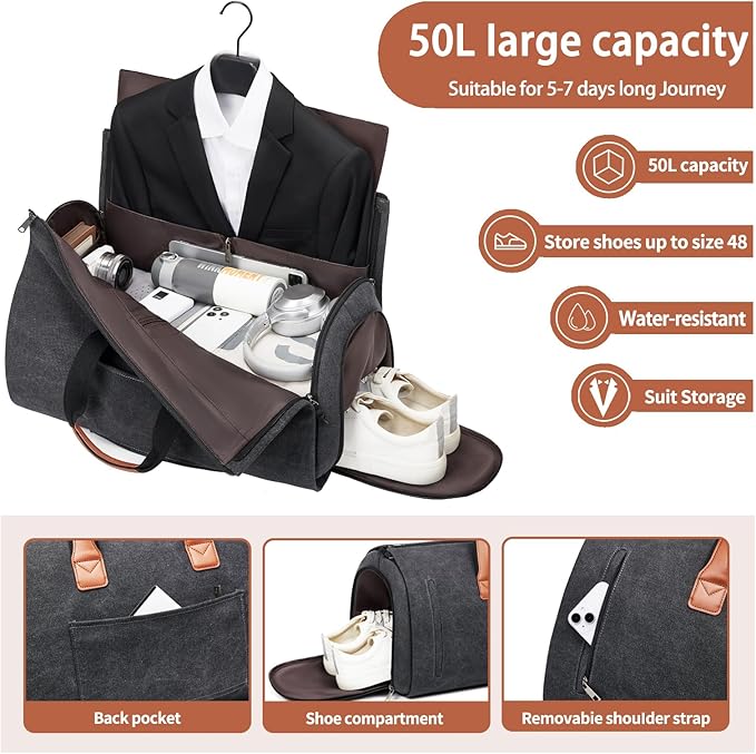 Convertible Garment Duffel Bag, Carry on Garment Bag for Travel Canvas Mens Suit Bag 2 in 1 Foldable Garment Bag with Shoulder Strap Weekender Bag with Shoe Pouch