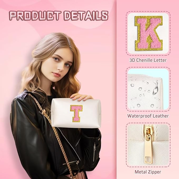 TOPEAST Initial Makeup Bag for Travel, Chenille Letter Pouch Cosmetic Bag, PU Leather Waterproof Toiletry Bag, Personalized Gifts for Bride Bridesmaids, Cute Things for Girls (Pearly White Q)