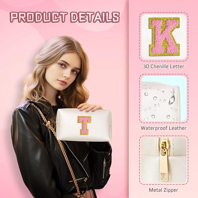 TOPEAST Preppy Makeup Bag, Cute Makeup Pouch PU Leather Waterproof Cosmetic Bag, Personalized Birthday Gifts for Mom Teacher Friends Bridesmaids Nurse, Trendy Stuff for Girls (Pearly White I)